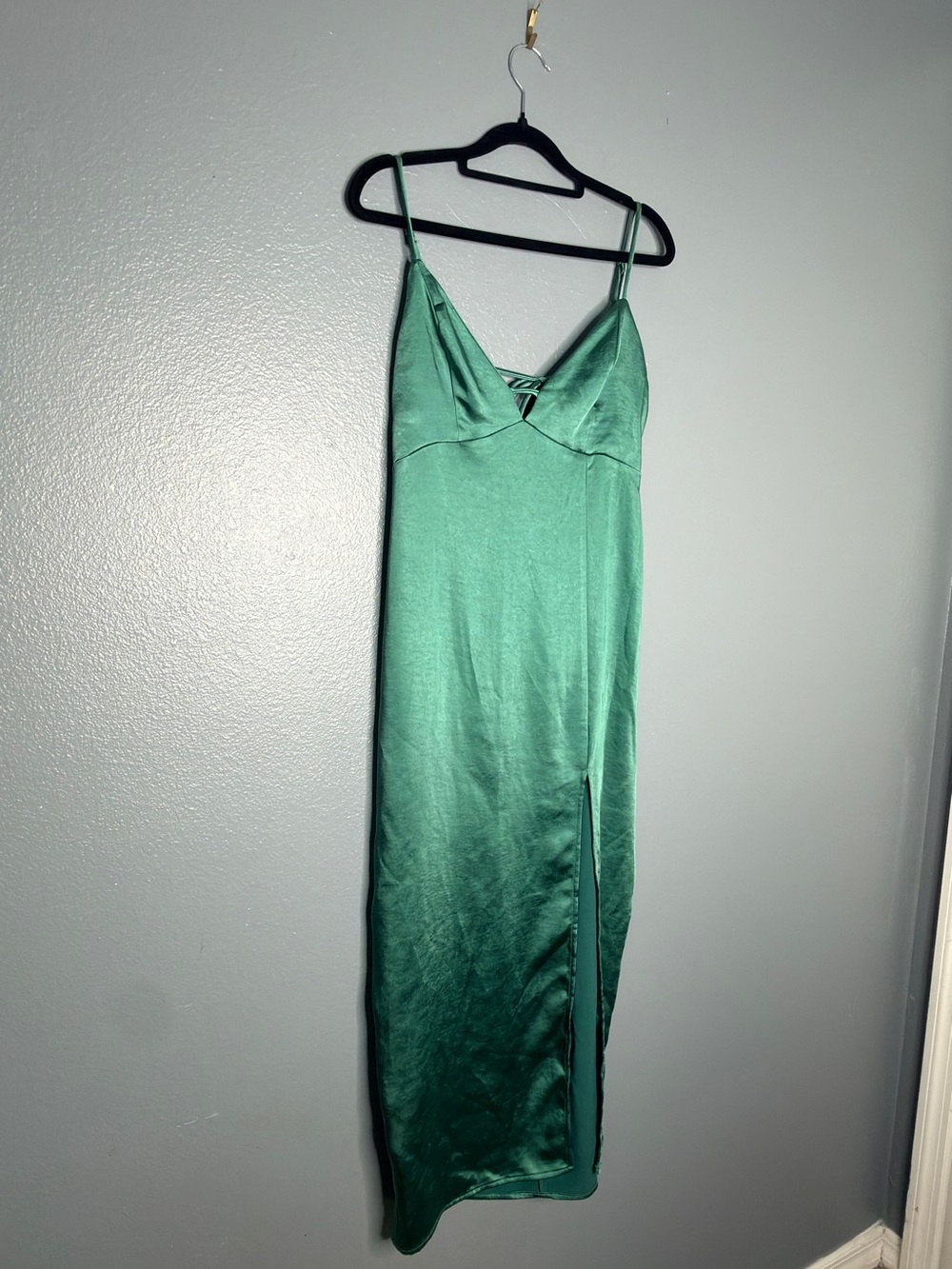 wild fable Emerald Green Satin Maxi Formal Sexy Slip Dress with Side Slit Medium